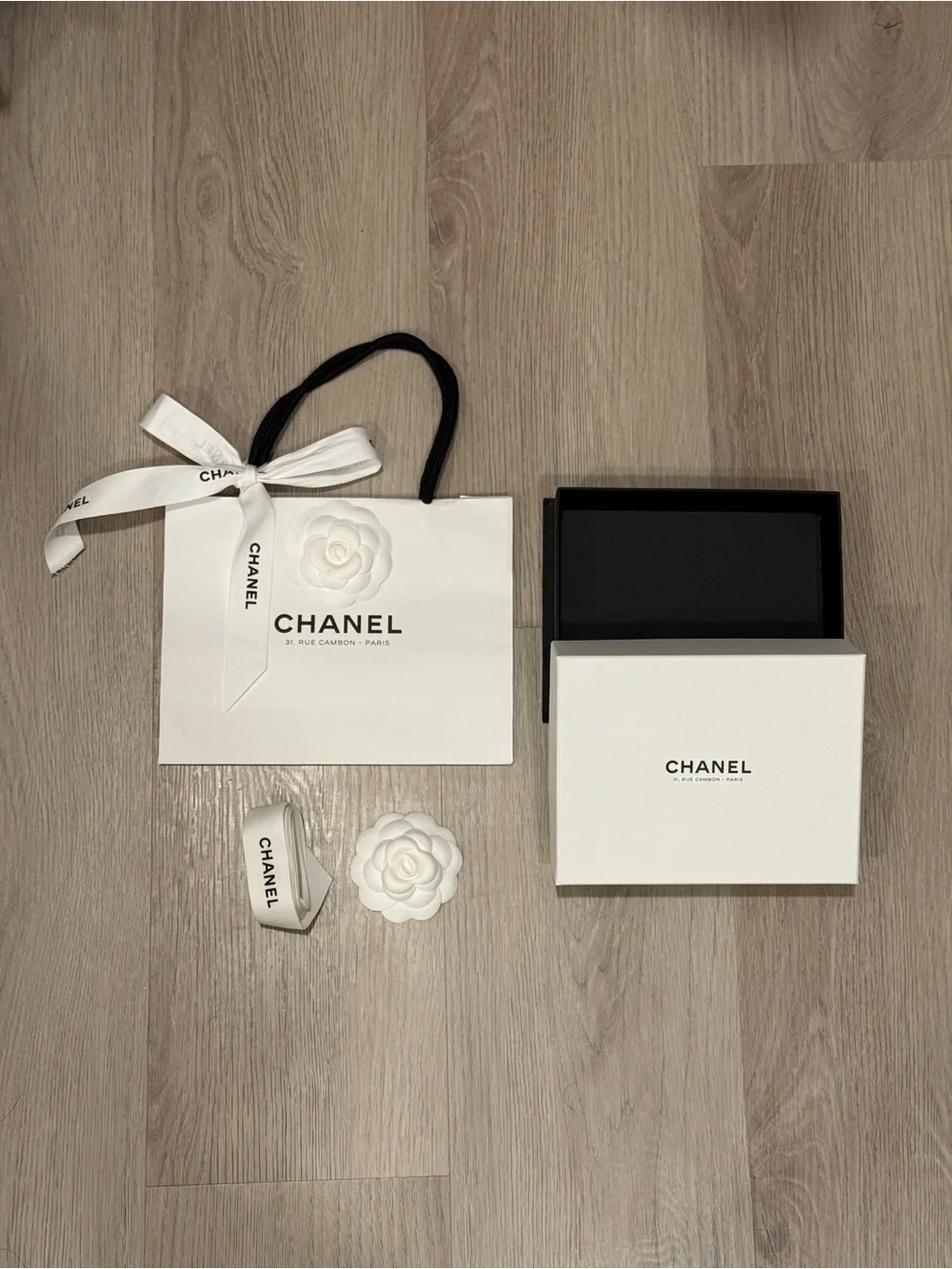 CHANEL White Gift Bag and Box Set with Camellia Accent